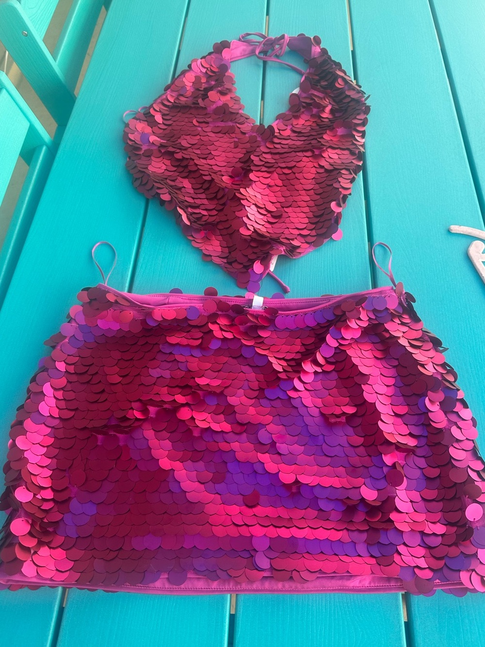 Bright Magenta/pink Sequin Halter and miniskirt set MED
